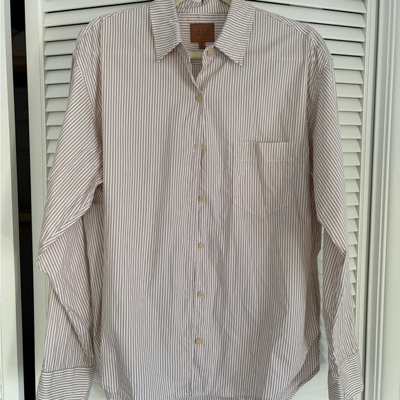 NWT Jamie Haller The Weekend Button Down Cotton Poplin Shirt Tan Stripe - Picture 4 of 5